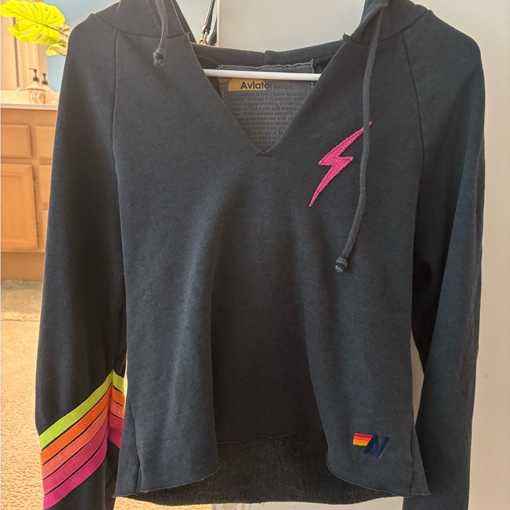 Aviator Nation Black Hoodie with Rainbow Accents